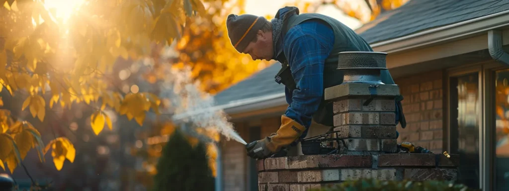 a confident chimney technician meticulously inspects a sturdy brick chimney against a backdrop of a cozy suburban home, bathed in warm afternoon sunlight that highlights the textures and colors, conveying a sense of professionalism and care in chimney evaluation.