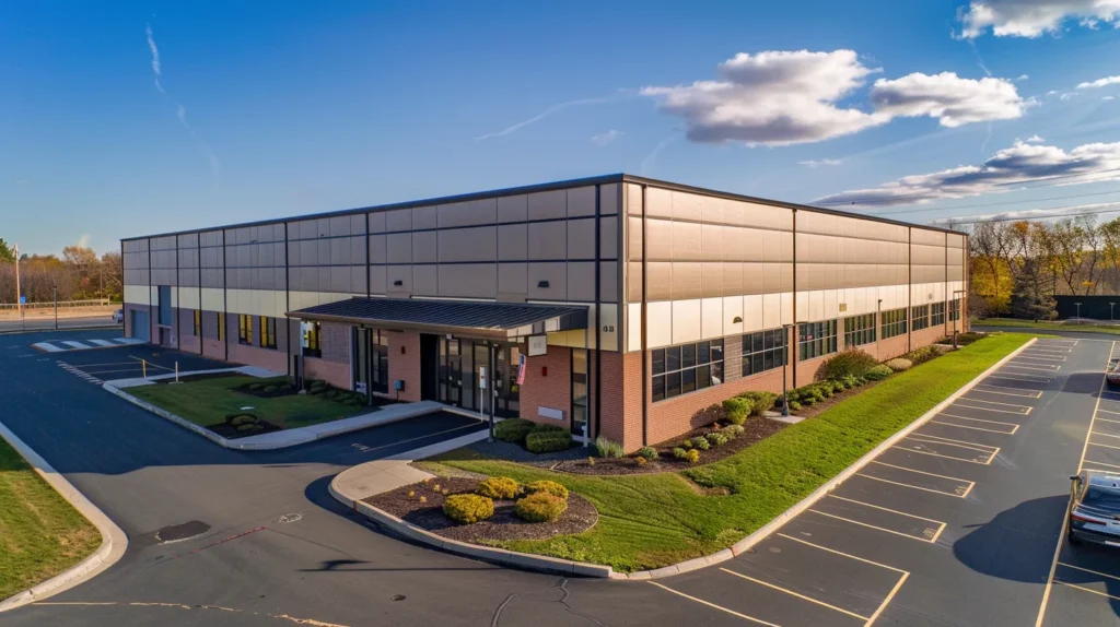 a panoramic view of a new jersey commercial building showcasing a robust metal roof, complemented by well-maintained gutters and stylish siding, bathed in golden sunlight to highlight the importance of regular roofing inspections and maintenance for long-term investment success.