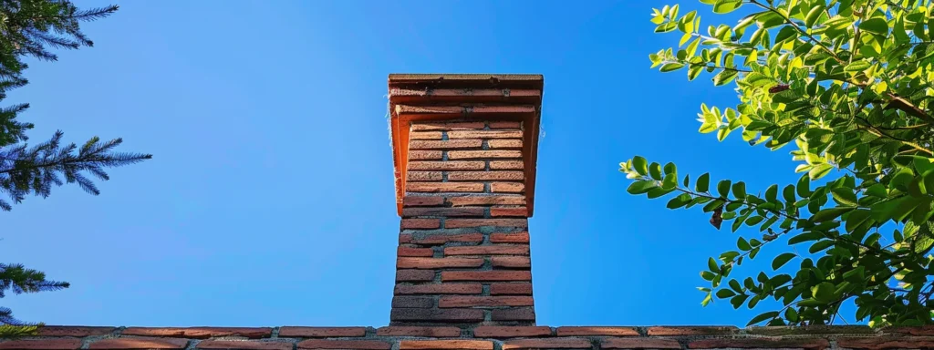 a pristine, well-maintained brick chimney rises against a clear blue sky, surrounded by a tidy landscaped garden, symbolizing the importance of regular chimney evaluations and maintenance for homeowners.