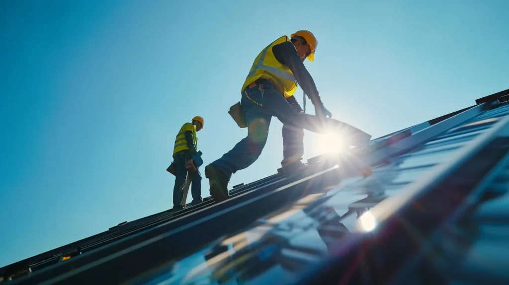 a professional industrial roofing crew diligently inspecting a diverse range of materials against a backdrop of a clear blue sky, highlighting the importance of informed budgeting and decision-making in new jersey’s roofing services.