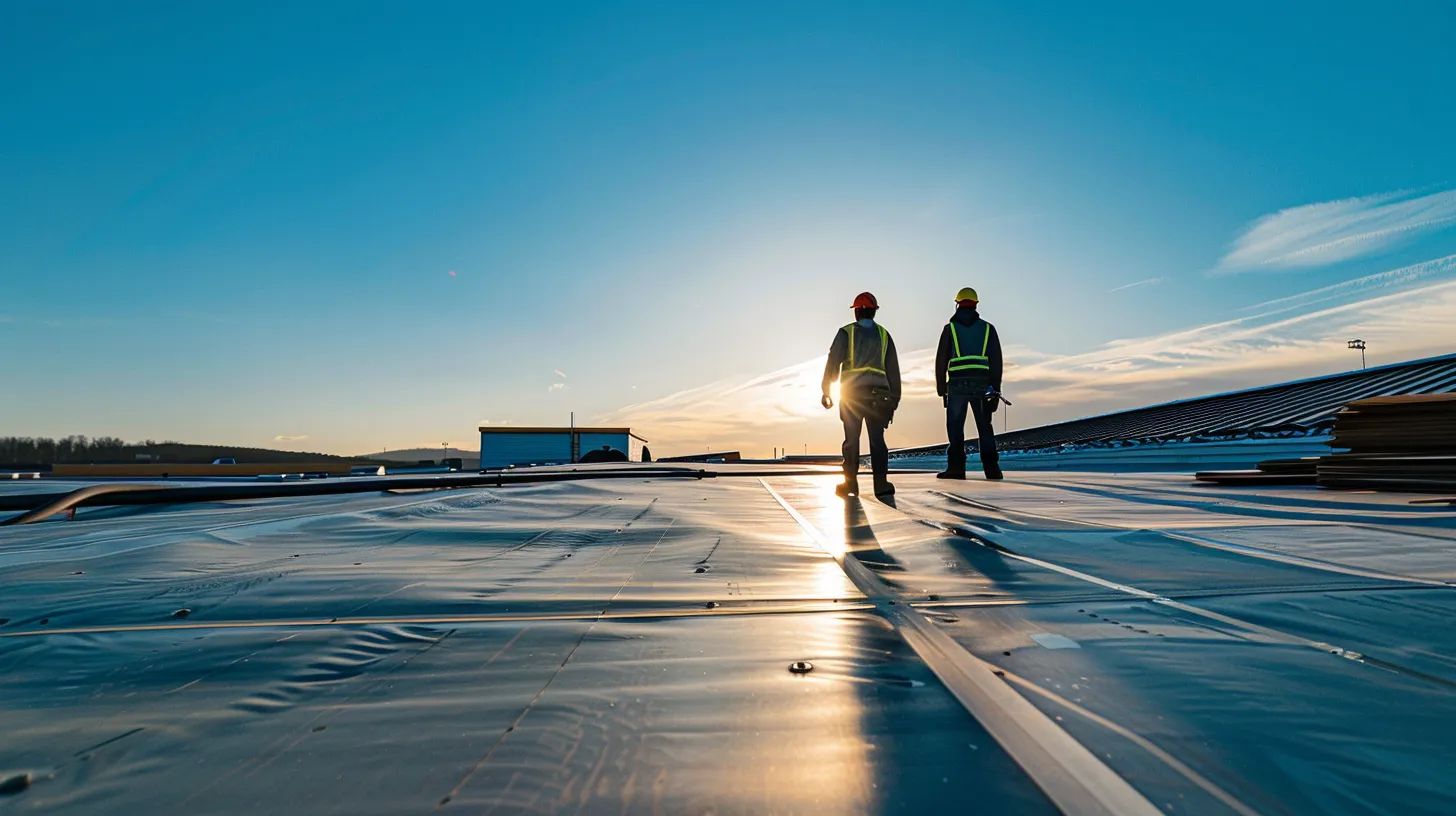 a professional roofing team conducts a thorough inspection of a sturdy commercial roof against a clear blue sky, highlighting their expertise in industrial roofing solutions for new jersey businesses.