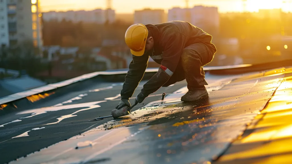 a skilled contractor meticulously applies a durable industrial roofing membrane under the bright new jersey sun, showcasing the precise and methodical installation process against a backdrop of urban architecture.