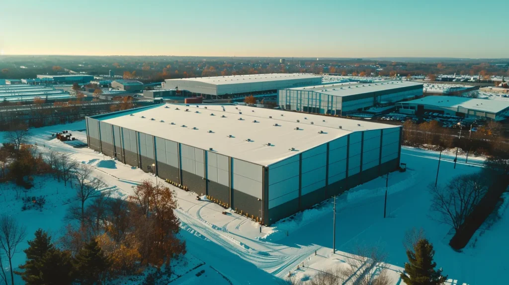 a striking aerial view of a robust industrial building in new jersey, topped with a sleek tpo roofing system, showcasing its resilience against heavy snow amidst a backdrop of clear blue skies and vibrant winter foliage.