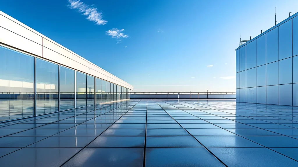 a striking image of a modern industrial rooftop showcasing sleek, energy-efficient materials glistening under the afternoon sun, emphasizing durability and innovation against a clear blue sky.