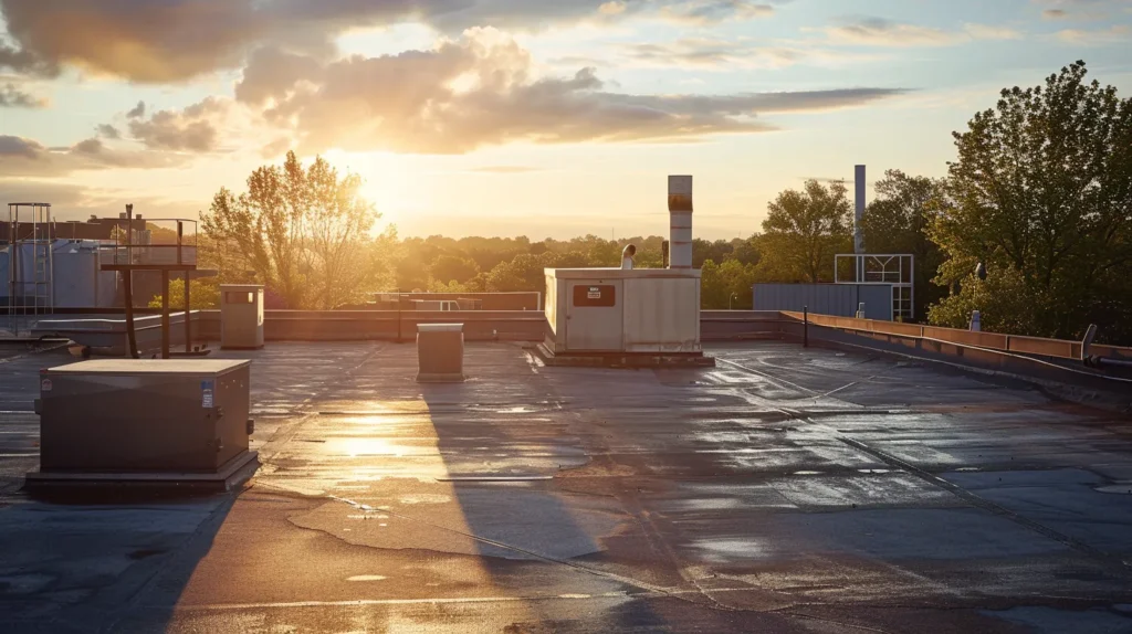 a well-maintained industrial rooftop in new jersey bathed in morning sunlight, showcasing a pristine surface with visible inspection tools and equipment, symbolizing the importance of proactive care and maintenance for long-lasting roofing systems.