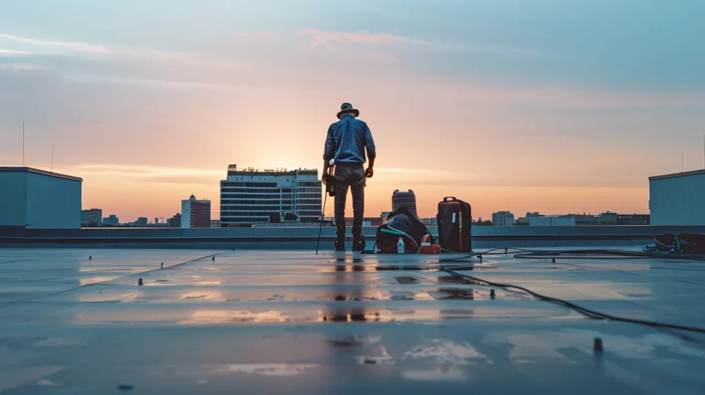 a focused view of a professional roofing technician inspecting a commercial flat roof, with visible tools and equipment arranged neatly beside him, under the stark light of a clear urban skyline backdrop that emphasizes the importance of proactive roof maintenance.