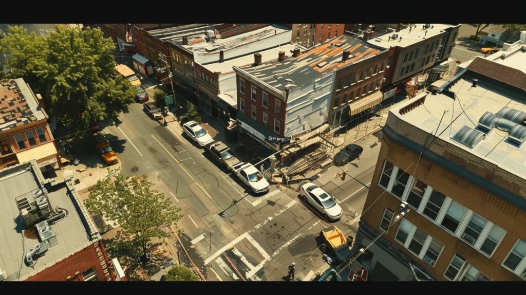 a busy urban street in new jersey features a professional roofing team expertly repairing a building's roof, highlighting the urgency and reliability of emergency roofing services in a modern architectural setting.