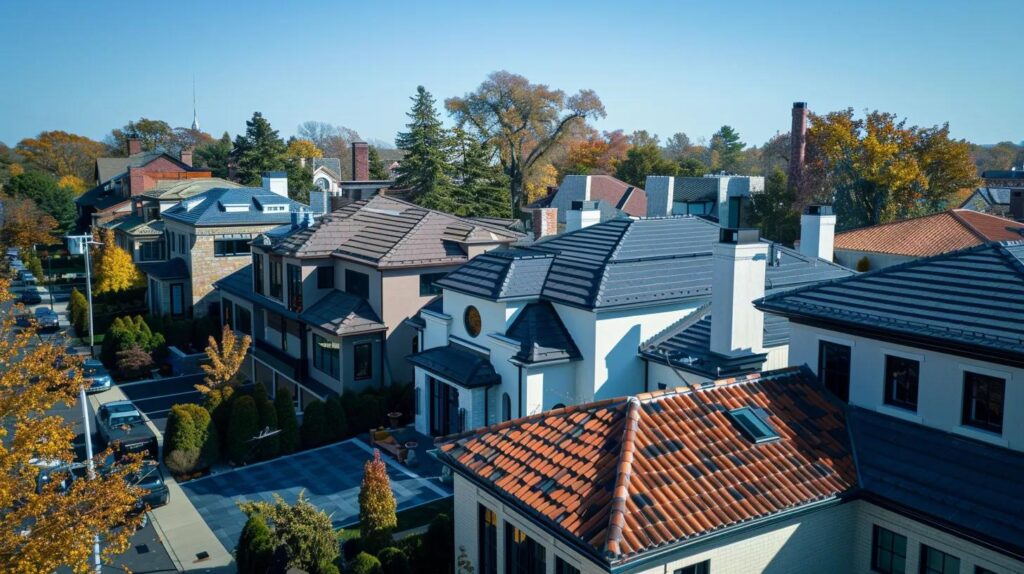 a modern new jersey neighborhood showcases diverse rooftops, featuring sleek flat roofing on contemporary homes, vibrant tile roofs on mediterranean-style properties, and traditional slate on restored historic houses, all under a clear blue sky, highlighting the architectural richness and specialized roofing solutions tailored to each design.