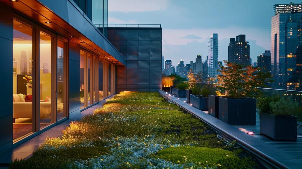a modern new jersey rooftop showcases innovative eco-friendly roofing materials, featuring sleek metal panels and vibrant green vegetation, illuminated under bright city lighting, representing sustainability and energy efficiency in urban architecture.