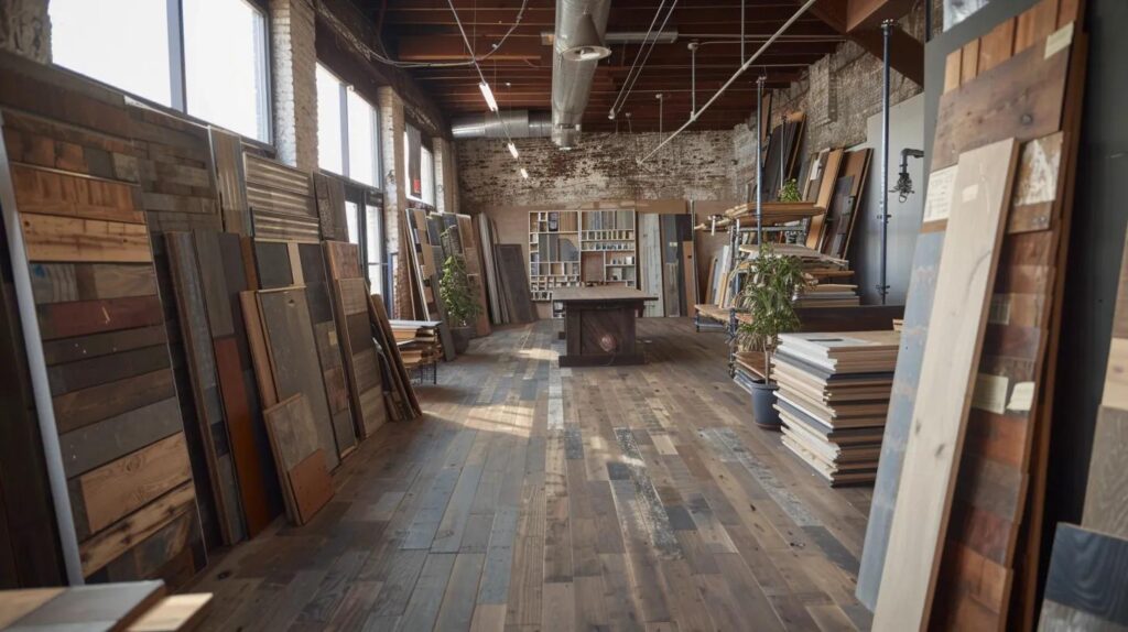 a dynamic urban roofing workshop showcases diverse roofing materials—sleek metal panels, rustic wood shakes, classic slate tiles, and modern composite options—arranged prominently in a well-lit space, illustrating their resilience against new jersey's harsh winter weather.