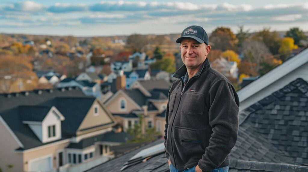 a modern roofing contractor stands confidently on a residential rooftop, showcasing an array of roofing materials including sleek metal and textured asphalt shingles, against a backdrop of a new jersey suburban neighborhood with diverse architectural styles.