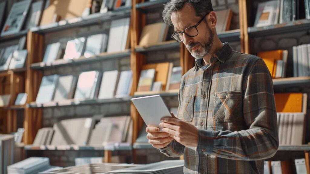 a professional roofing contractor analyzes a detailed material cost comparison chart on a sleek tablet in a modern office, surrounded by various roofing samples, showcasing the importance of cost-effective decisions in roofing services.