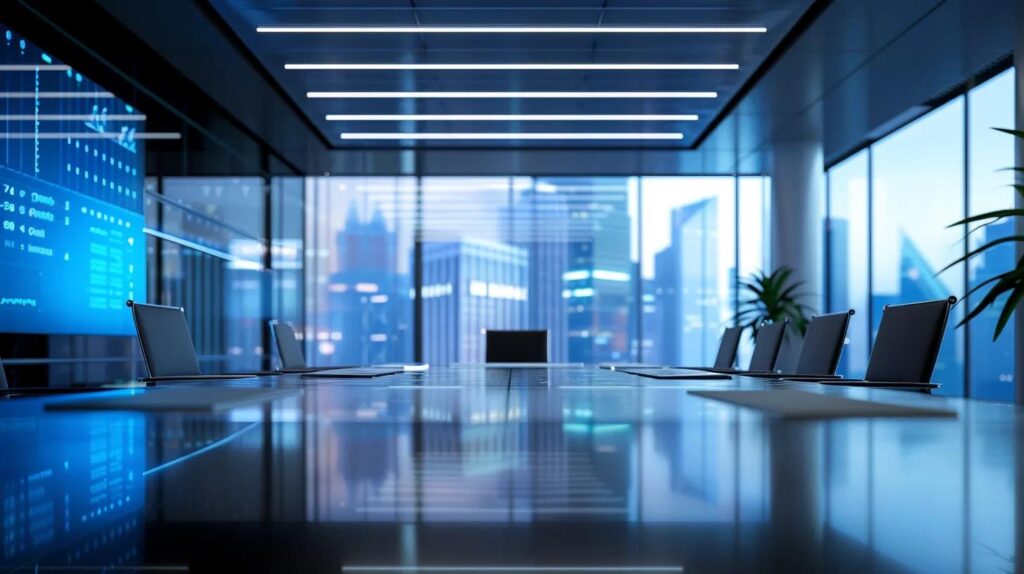 a sleek, modern office workspace featuring a high-tech presentation setup, with large screens displaying detailed comparisons of various roofing materials suited for new jersey's diverse climate, illuminated by bright led lights, emphasizing a professional atmosphere of innovation and expertise in roofing solutions.